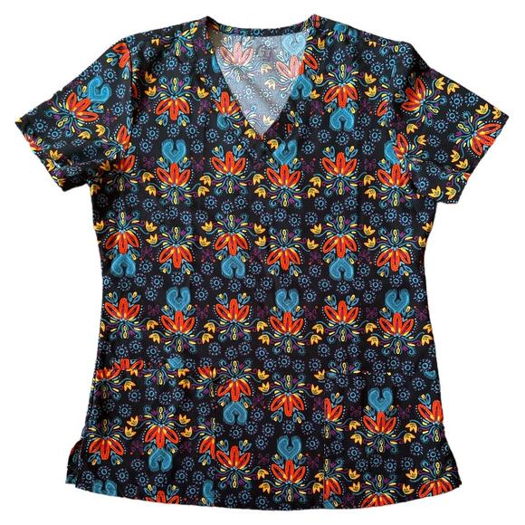 GT Performnce Black Printed V Neck Scrubs Top, S - Picture 4 of 4